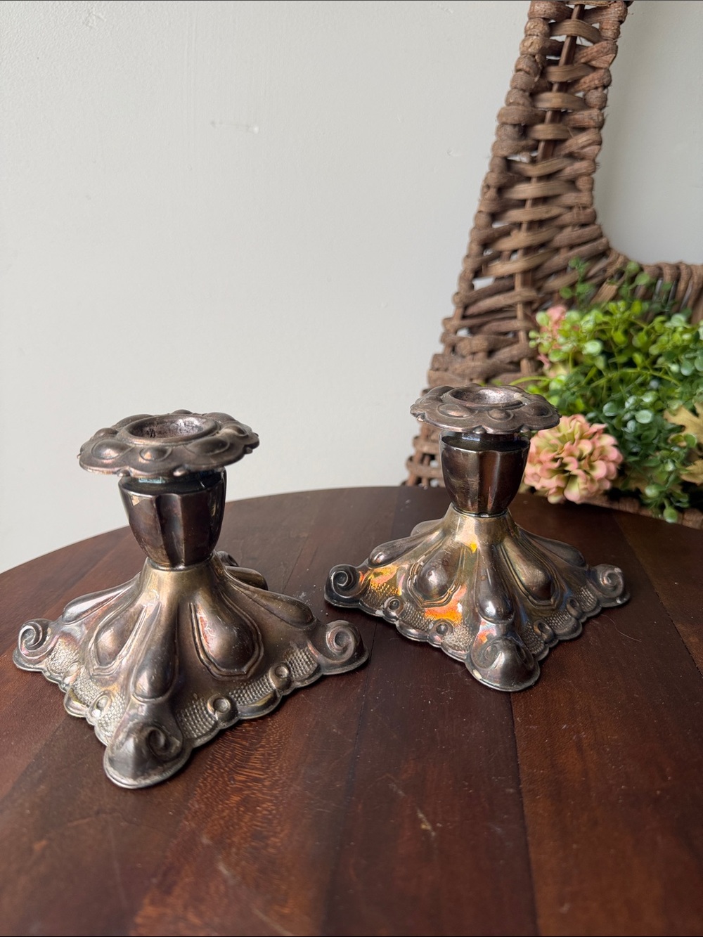 Rococo Silver Plate on Brass Candle Sticks with Green Velvet Bottom